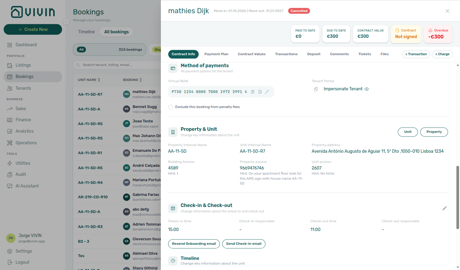 Booking detail — Contract Info Method of payments with Tenant Portal copy and Impersonate Tenant