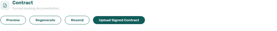 Booking detail — Contract card with Preview, Regenerate, Resend, and Upload Signed Contract