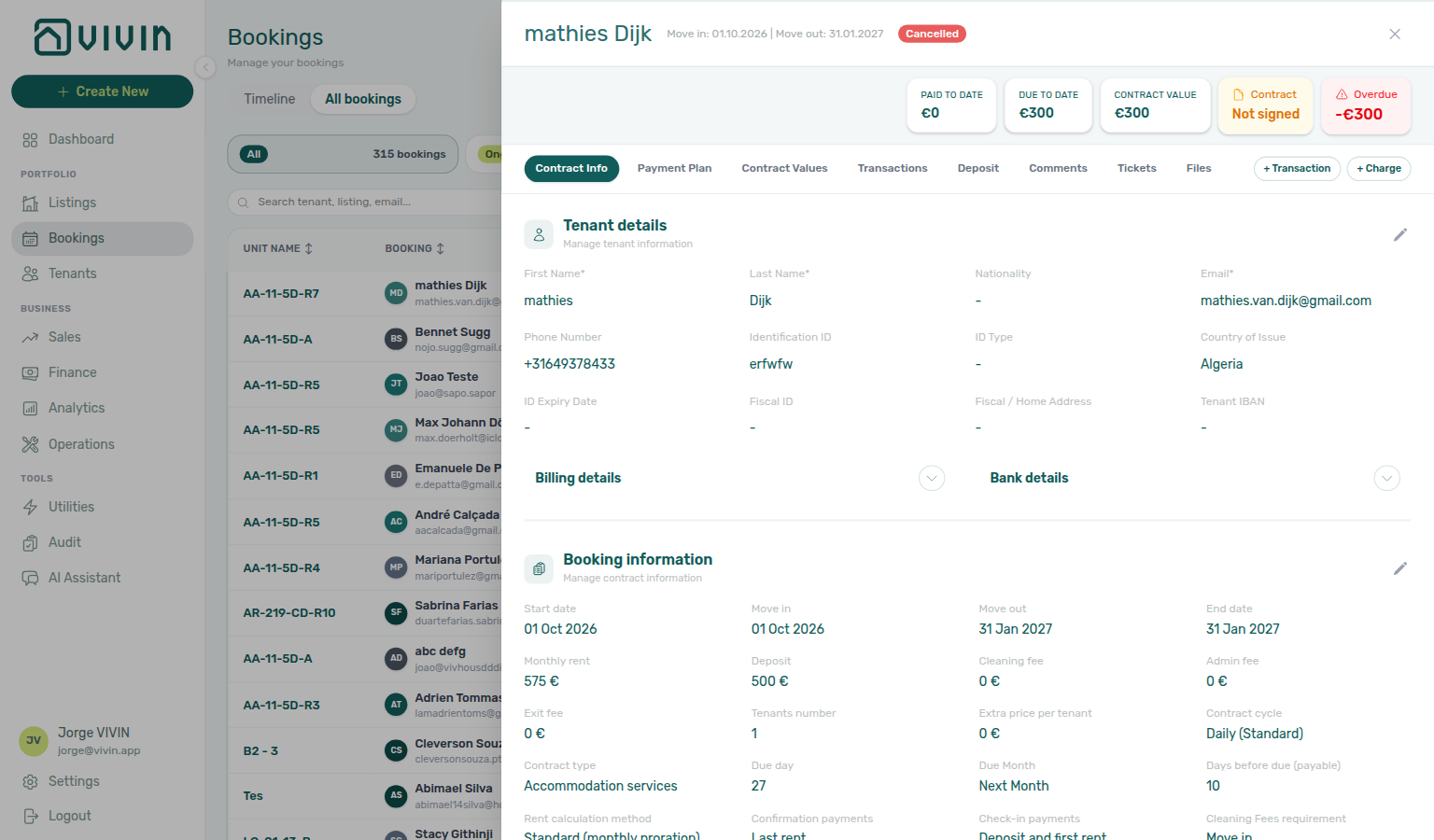 Booking detail — Contract Info tab with contract file, upload control, and booking actions