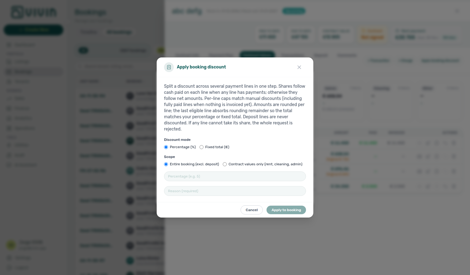 Booking detail — Contract Values tab, Apply booking discount modal (percentage, scope, reason)