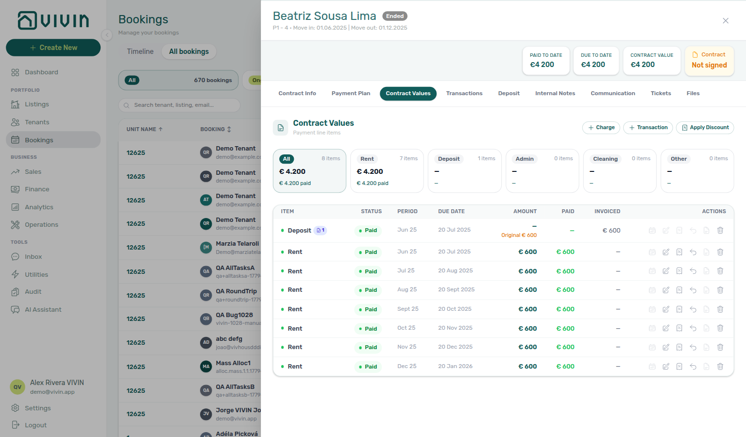 Booking Contract Values — Deposit line after refund with credit-note badge and original amount struck through