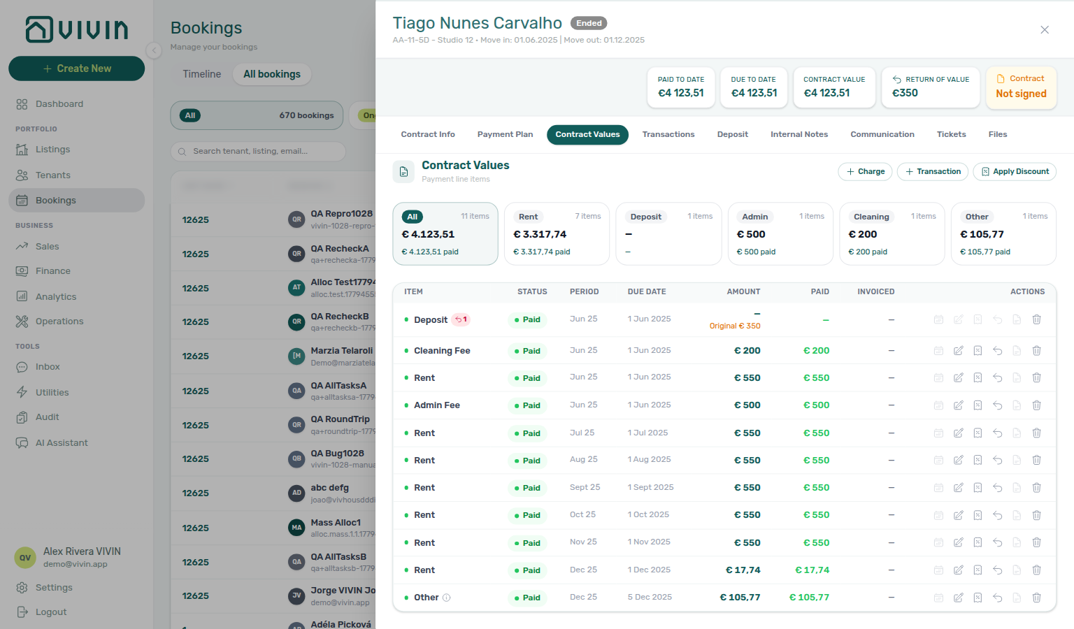 Booking Contract Values — Deposit line after refund with return-of-value badge
