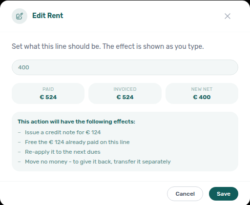 Booking Contract Values — Edit Rent on a fully invoiced line; effects include Issue a credit note