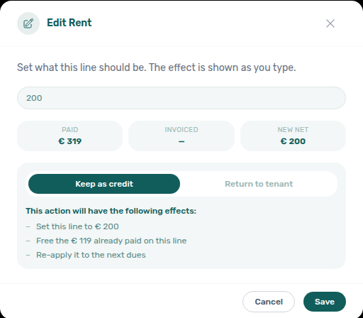 Booking Contract Values — Edit Rent with Keep as credit selected, Paid / Invoiced / New net, and the effects list