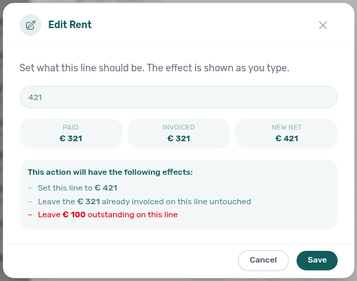 Booking Contract Values — Edit Rent with New net above Paid; effects include Leave outstanding on this line