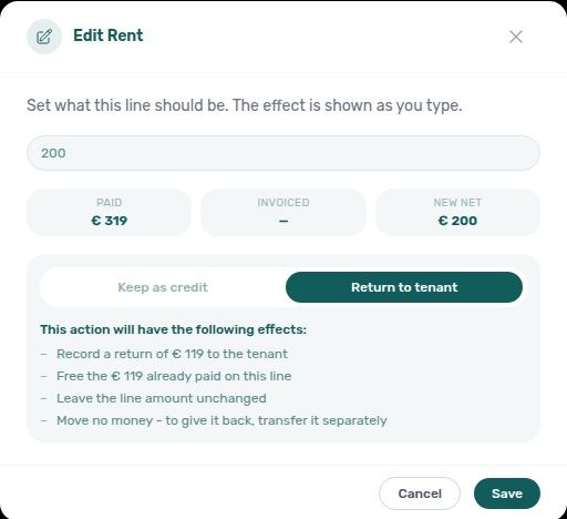 Booking Contract Values — Edit Rent with Return to tenant selected; effects include leave the line amount unchanged and move no money
