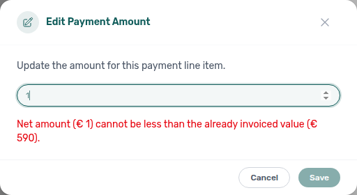 Booking Contract Values — Edit Payment Amount modal with Already invoiced helper and net-below-invoiced validation error