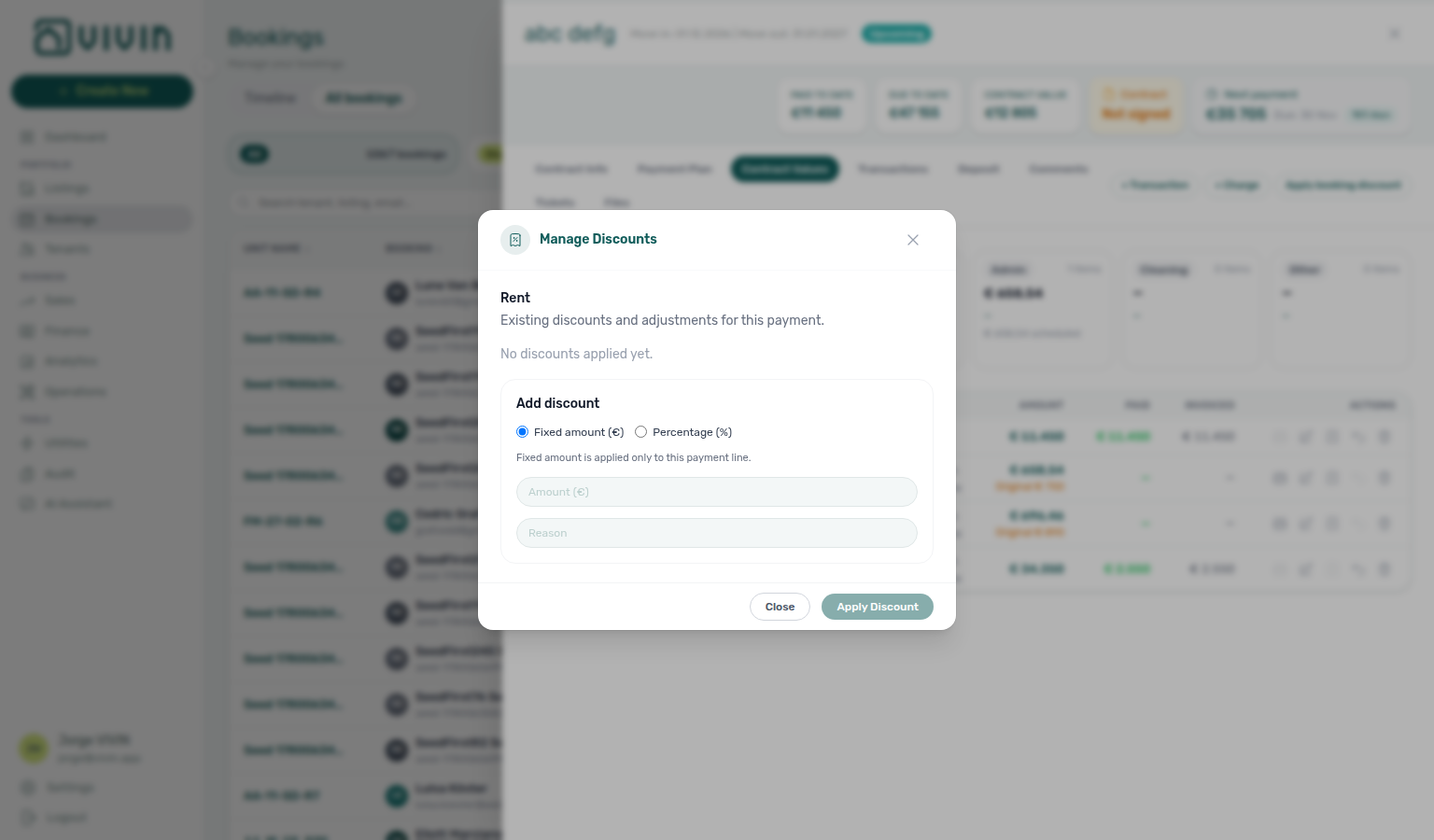 Booking detail — Contract Values tab, Manage Discounts modal on a charge line