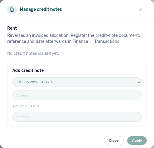 Booking Contract Values — Manage credit notes modal (Add credit note form)