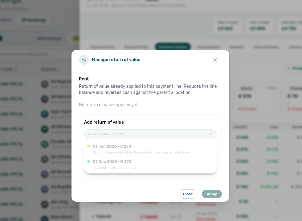 Booking Contract Values — Manage return of value select open with Draft invoice caption and Invoiced caption both disabled