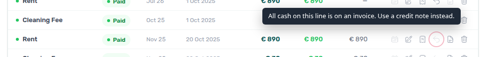 Booking Contract Values — Return of value disabled on a fully invoiced Paid rent line with All cash on this line is on an invoice tooltip