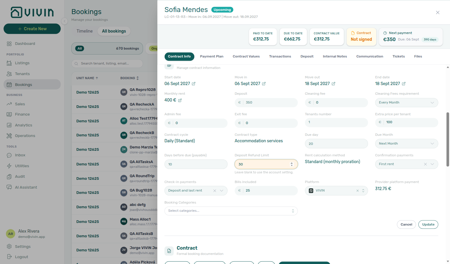 Booking detail — Contract Info edit mode with Deposit Refund Limit set to 30 (dirty highlight)