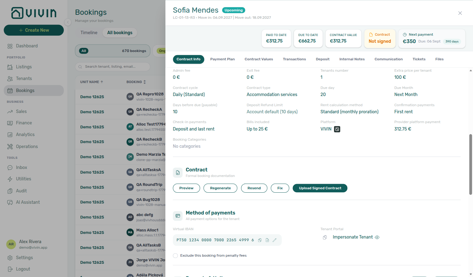 Booking detail — Contract Info, Days before due (10) next to Due day, Due Month, and Deposit Refund Limit