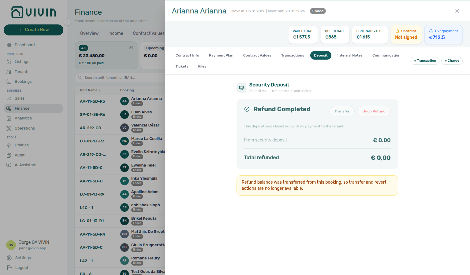 Booking detail — Deposit tab with lifecycle pill and Initial Deposit row