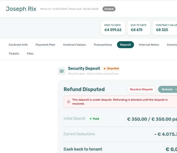 Booking detail — Deposit tab Refund Disputed with dispute warning and Resolve Dispute (refund blocked)