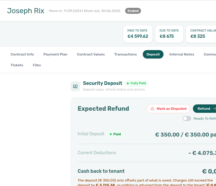 Booking detail — Deposit tab with Mark as Disputed beside Refund on a fully collected deposit