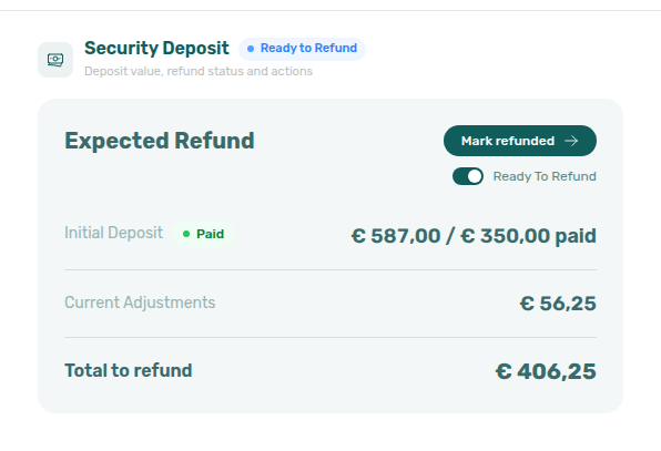 Booking detail — Deposit tab Mark refunded button on Expected Refund card with Ready To Refund on