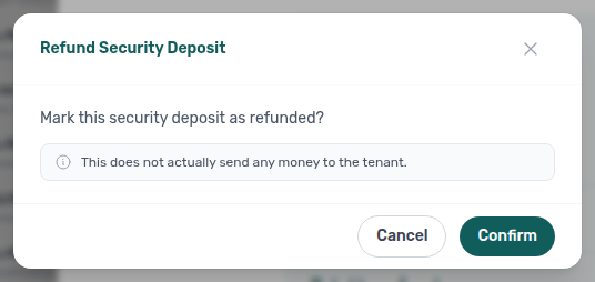 Booking detail — Refund Security Deposit confirm modal with no-money-sent callout
