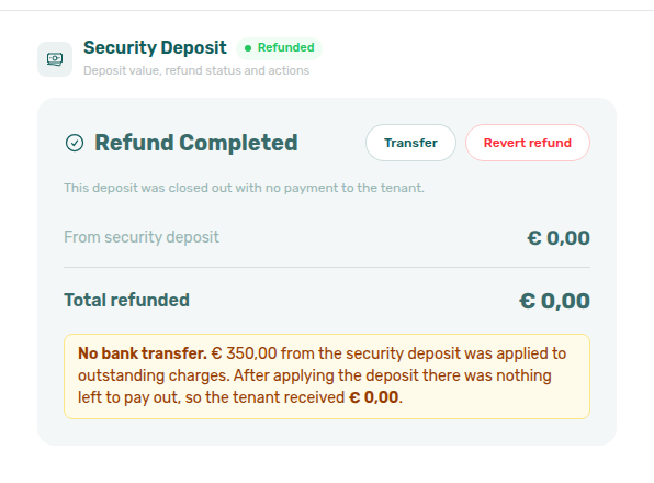 Booking detail — Deposit tab Refund Completed with €0 payout and amber No bank transfer callout