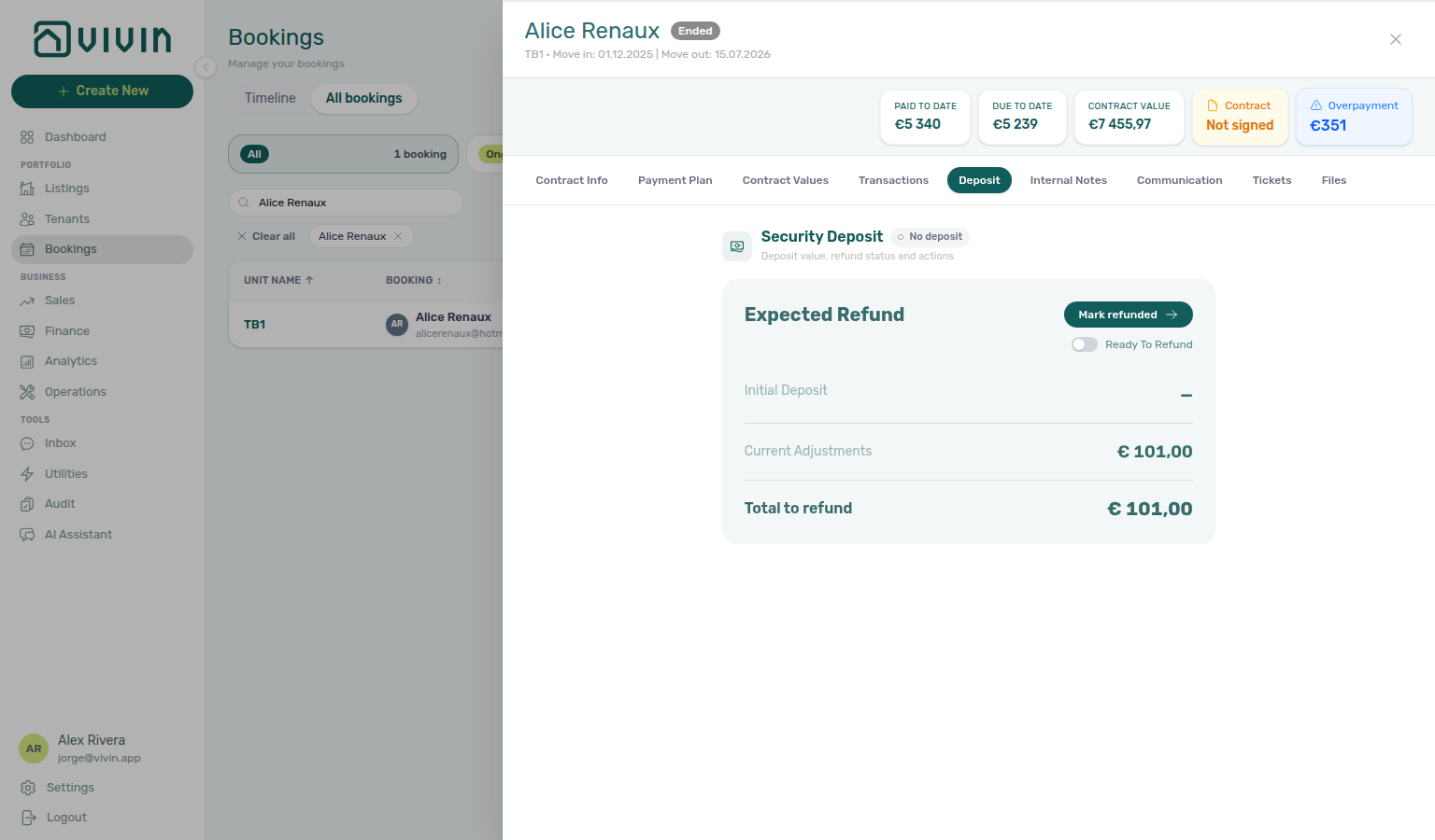 Booking detail — Deposit tab with No deposit pill, Initial Deposit dash, Current Adjustments, and Mark refunded