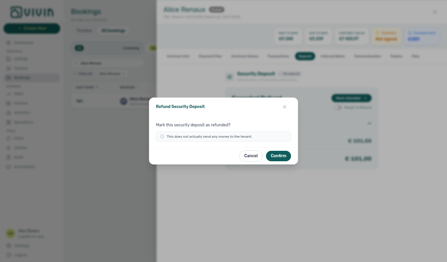 Booking detail — Refund Security Deposit confirm modal on a no-deposit overpayment (Vivin does not send money)