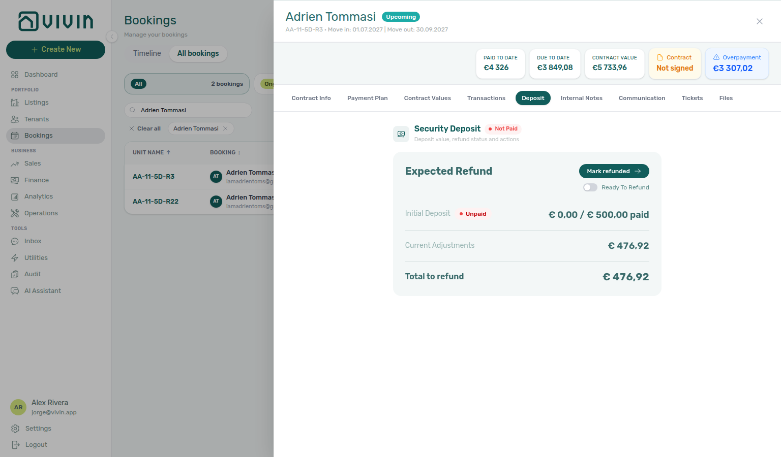 Booking detail — Deposit tab Unpaid €500 deposit with Current Adjustments overpayment and Mark refunded still offered