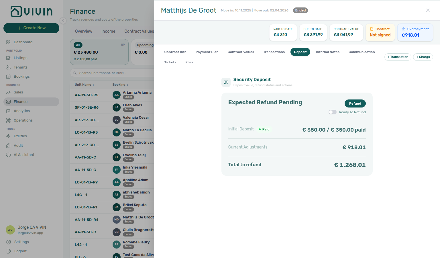Booking detail — Deposit tab Initial Deposit row with green Paid badge and paid-of-total figure