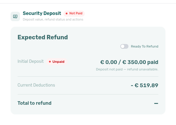 Bookings — Deposit tab with Ready To Refund toggle enabled before the external bank transfer