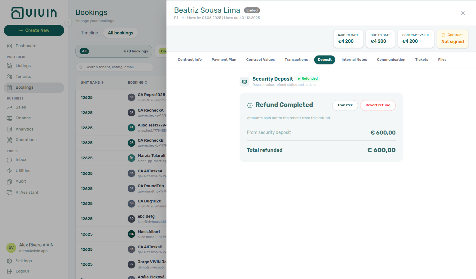 Booking detail — Deposit tab Refund Completed after Mark refunded (fiscal reversal already posted)