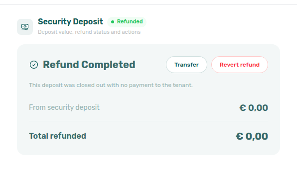 Booking detail — Deposit tab Revert refund beside Transfer on a Refund Completed card