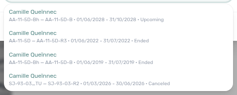 Booking detail — Transfer destination picker open with property — unit · contract dates · status identity rows for the same tenant