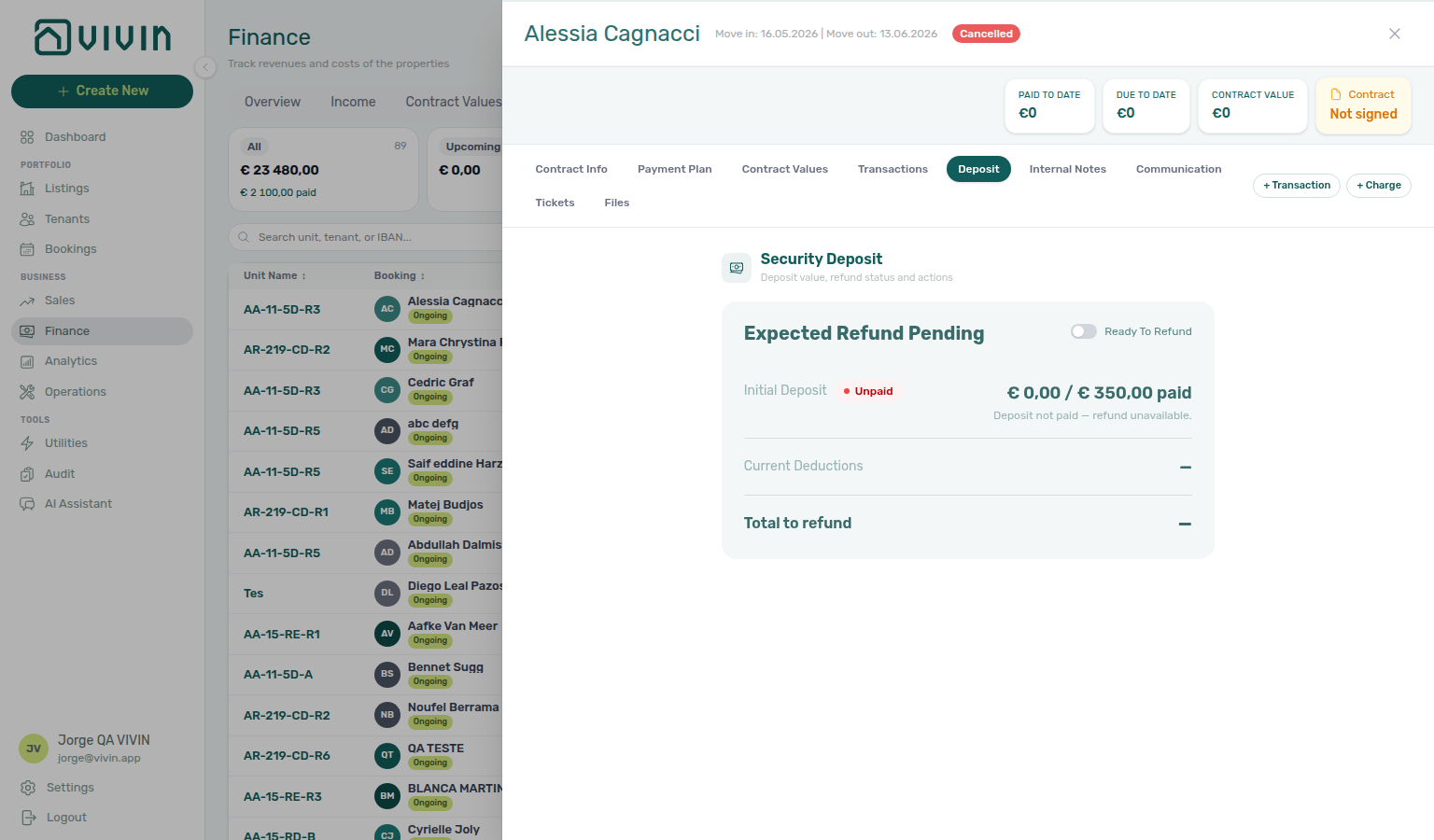 Booking detail — Deposit tab Initial Deposit row with red Unpaid badge and refund-unavailable helper copy