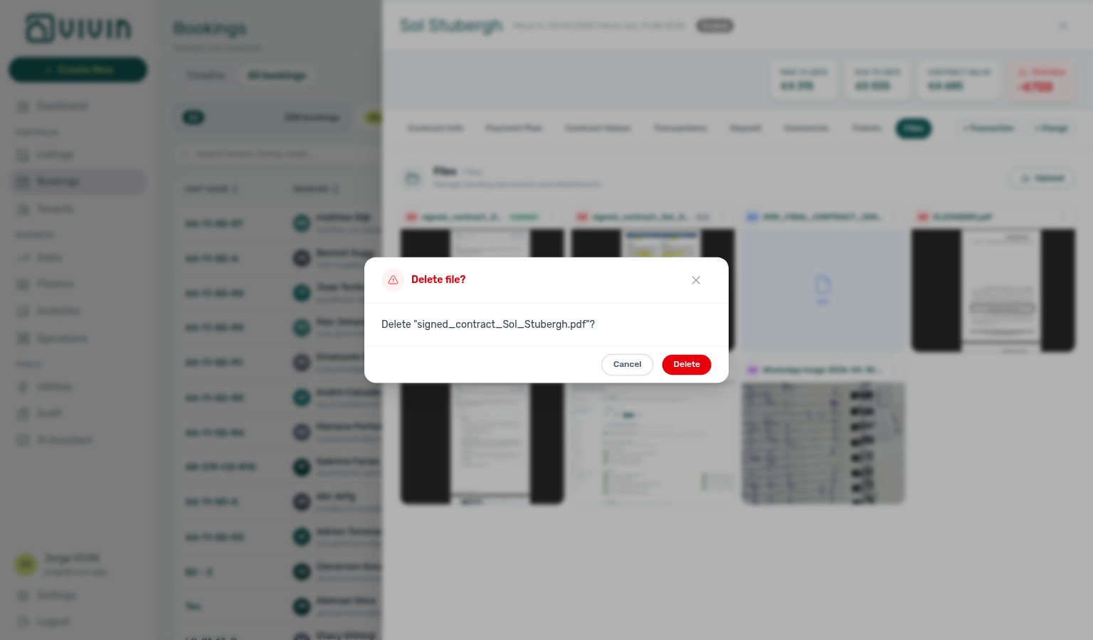Booking detail — Files tab delete confirmation naming the selected file
