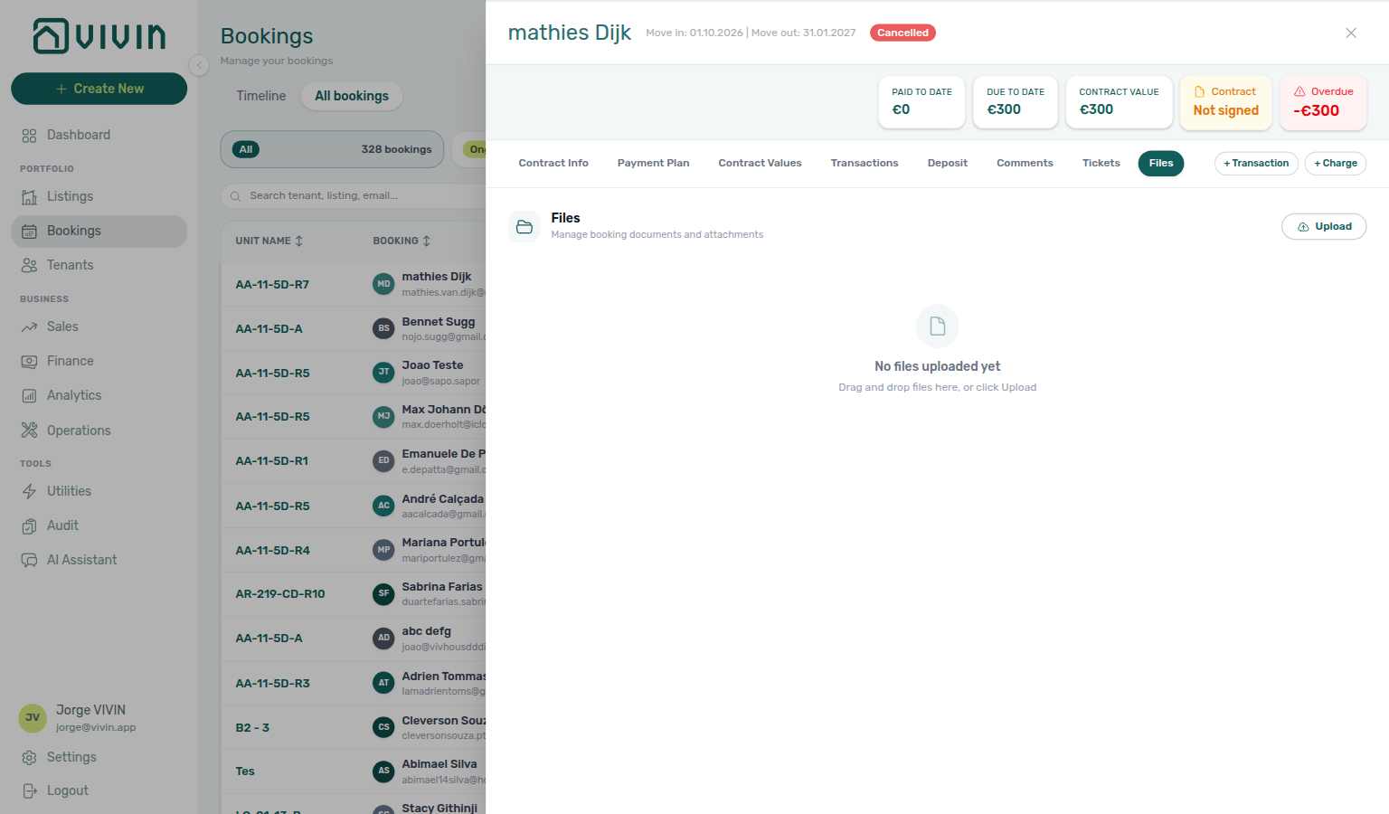 Booking detail — Files tab empty state with Upload and drag-and-drop hint