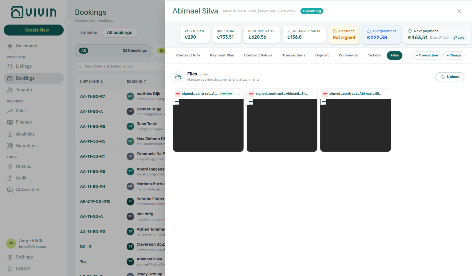 Booking detail — Files tab with document grid, Current contract badge, and Upload