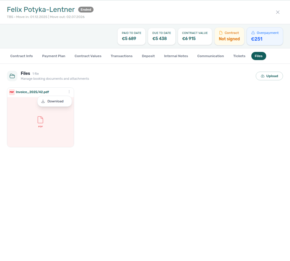 Booking detail — Files tab with synthesised Hostkit Invoice_2025/42.pdf tile and Download menu (no Delete)