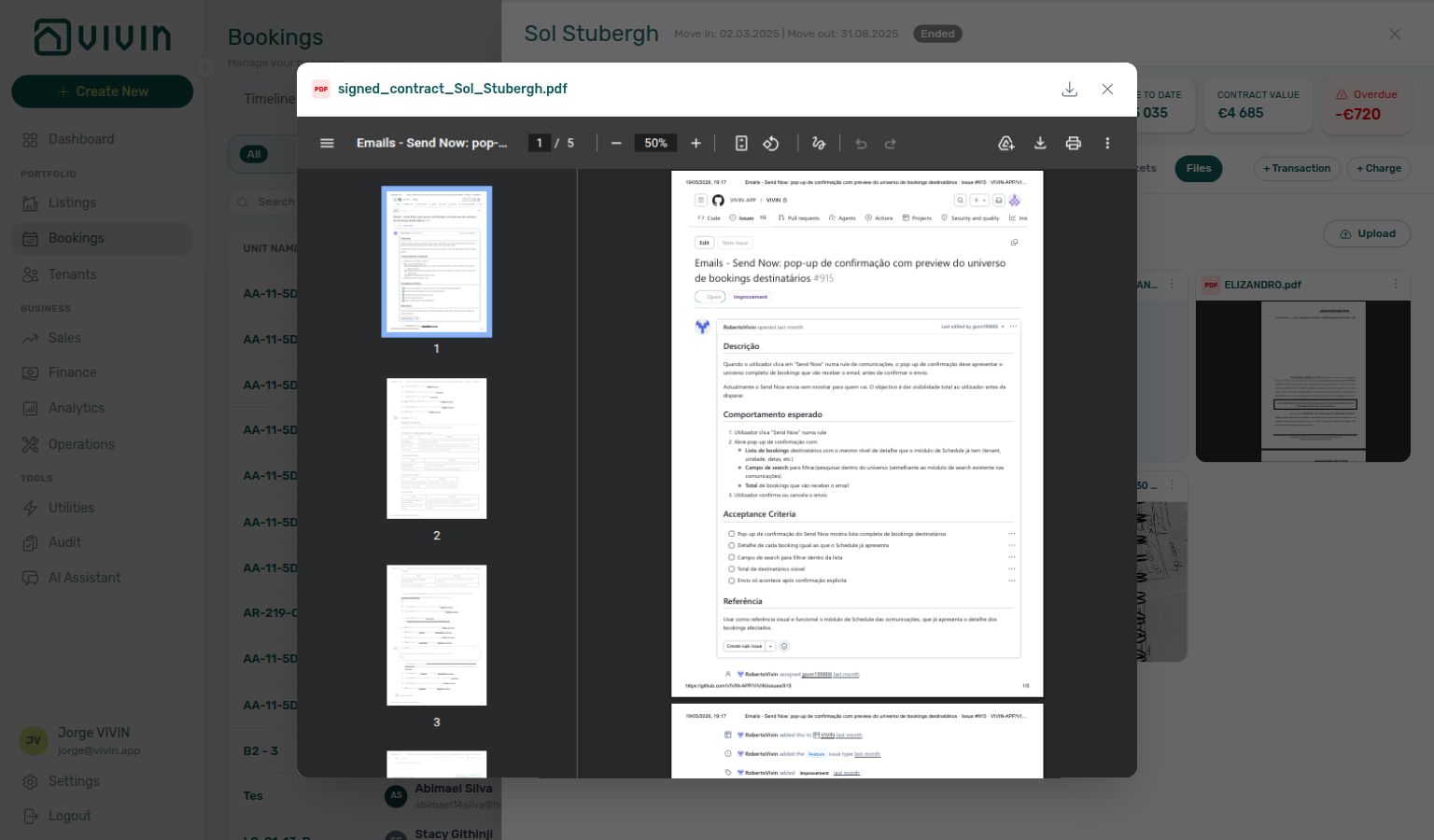 Booking detail — Files tab PDF preview overlay opened from a grid tile