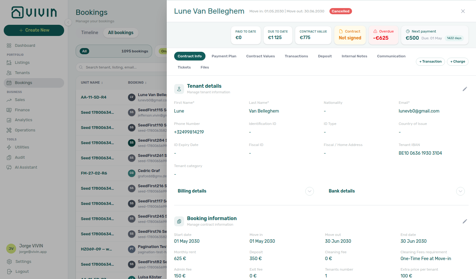 Booking detail — expanded insights bar with Paid to Date, Due to Date, Contract Value, and status badges