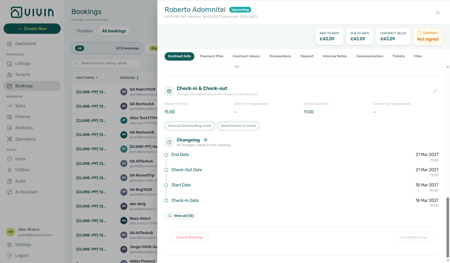 Booking detail — Check-in &amp; Check-out with Cancel Booking and Delete Booking on an Airbnb stay