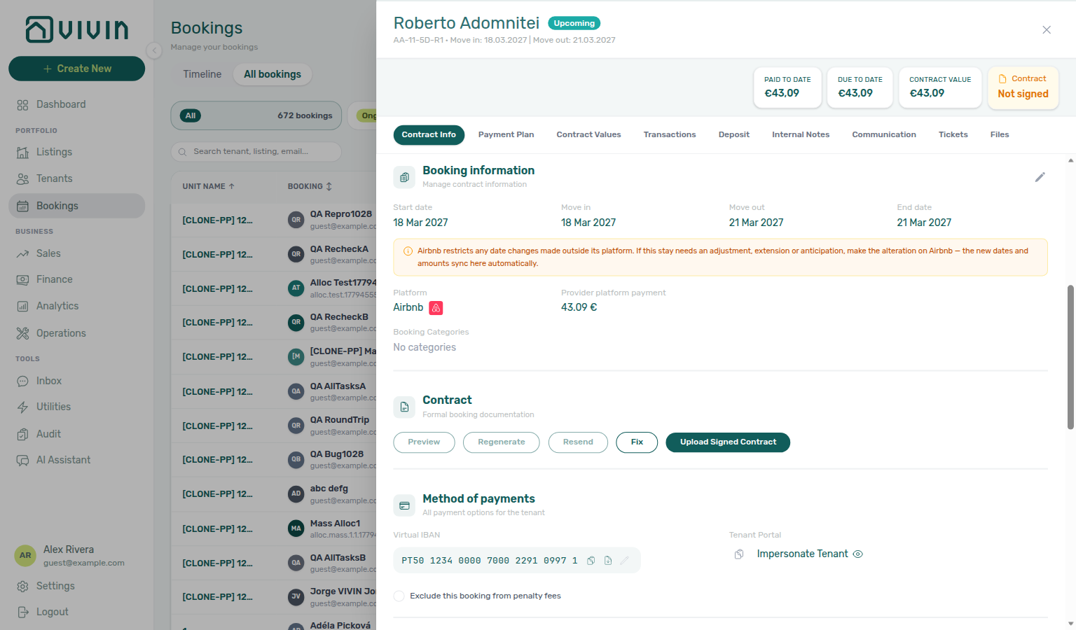 Booking detail — Airbnb Booking information with amber date-change note, Platform badge, and Provider platform payment
