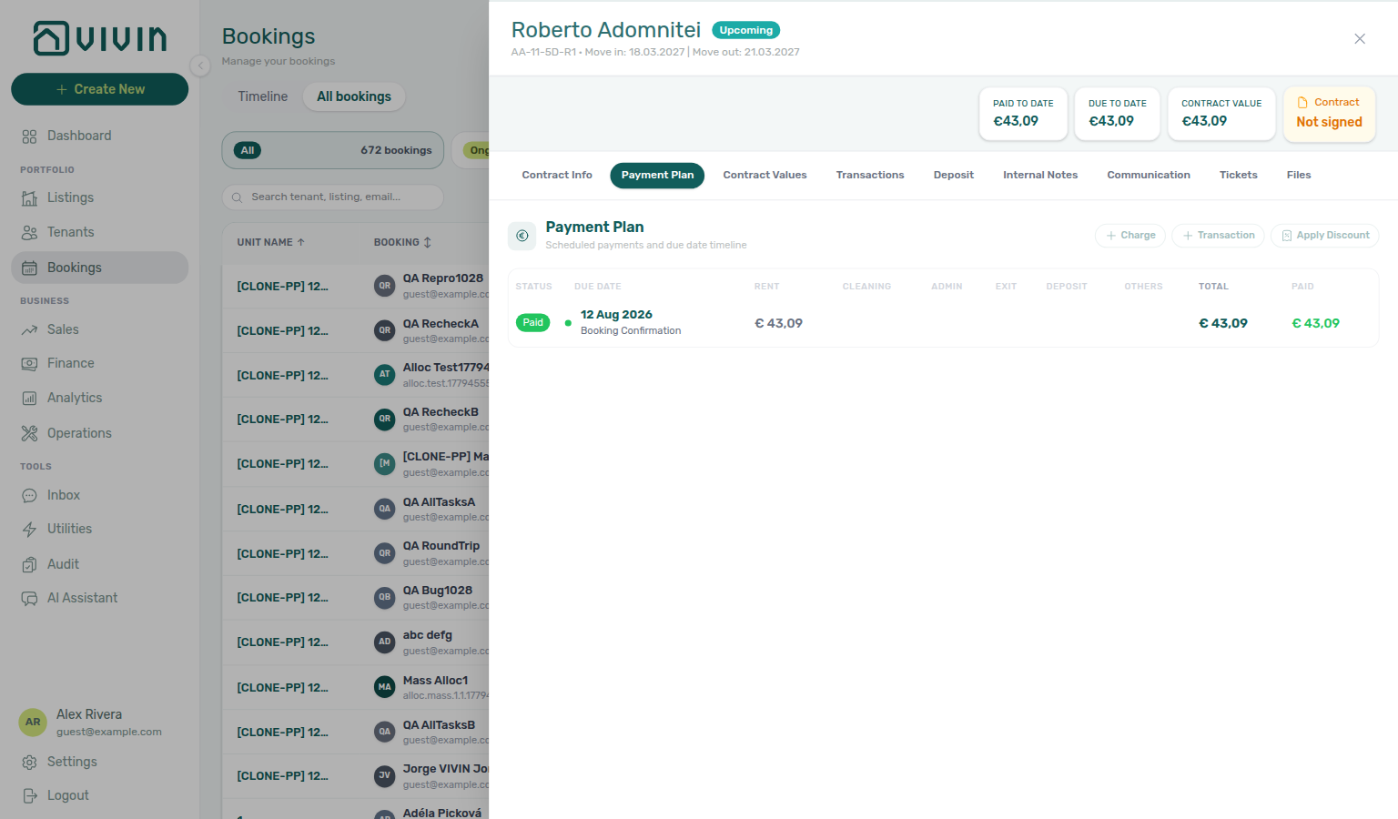 Booking detail — Payment Plan with + Charge, + Transaction, and Apply Discount on an Airbnb stay