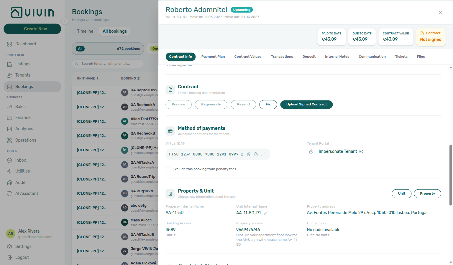 Booking detail — Contract section with Preview, Regenerate, and Resend on an Airbnb stay