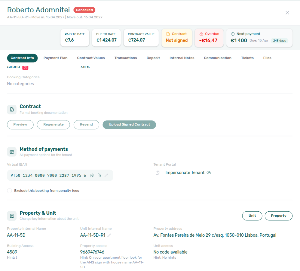 Booking detail — Contract section with Preview, Regenerate, Resend, and Upload Signed Contract locked on an Airbnb stay