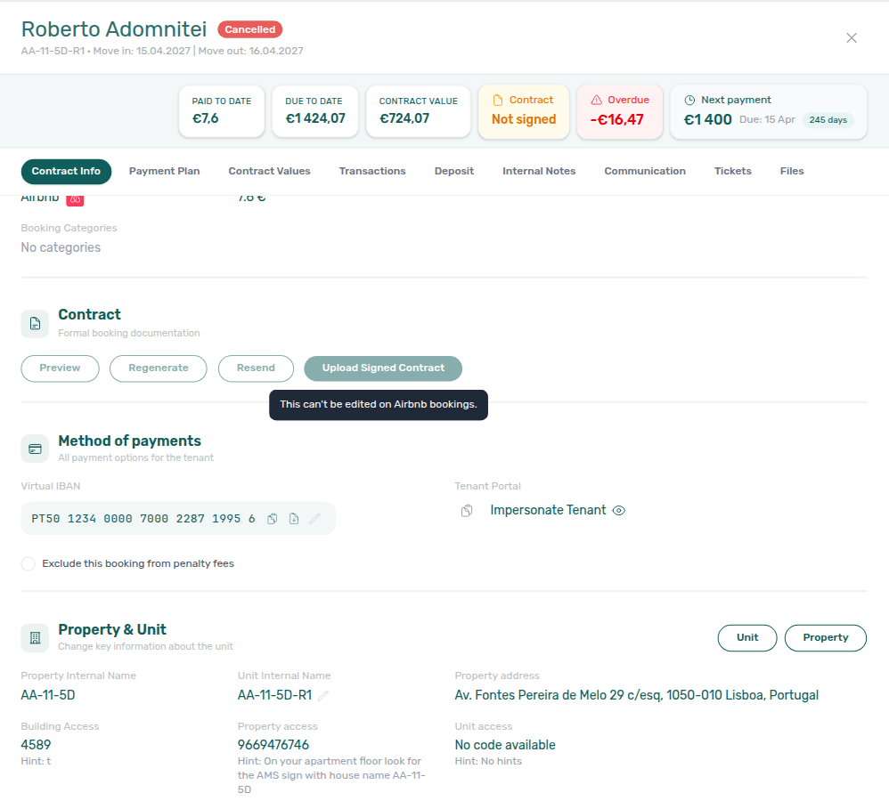 Booking detail — Upload Signed Contract tooltip This can't be edited on Airbnb bookings.