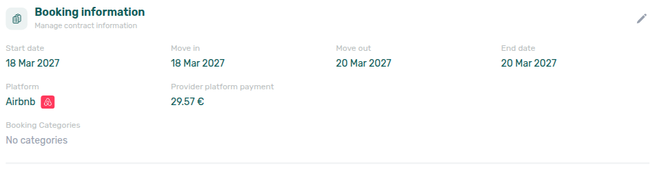 Booking detail — Contract Info after auto-apply: Airbnb stay dates and Provider platform payment 29.57 €