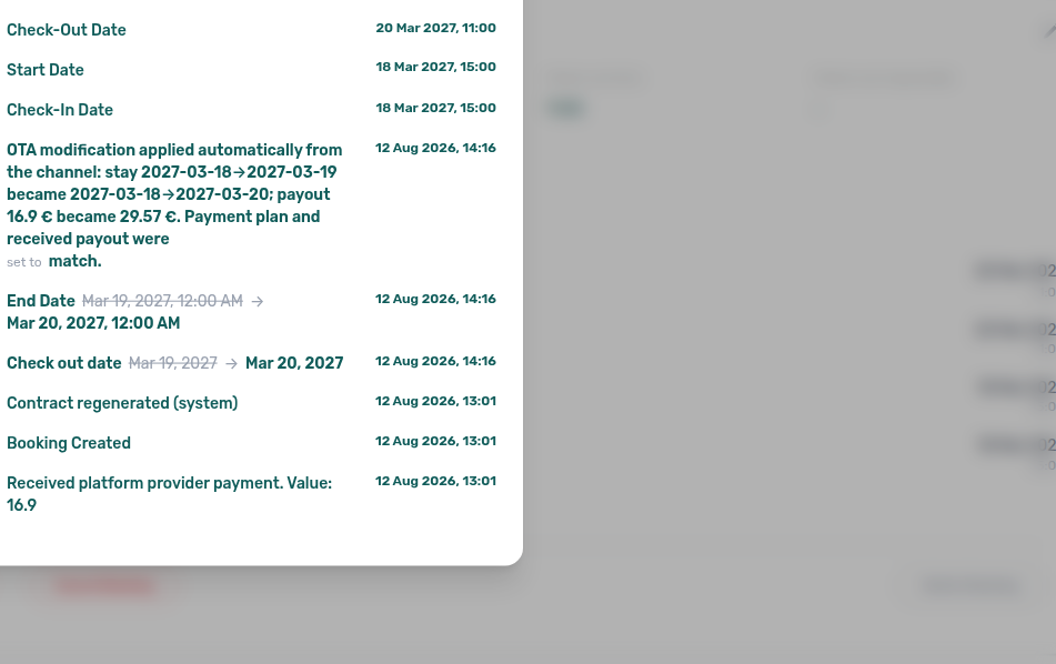 Booking Changelog — OTA modification applied automatically with date and payout before/after