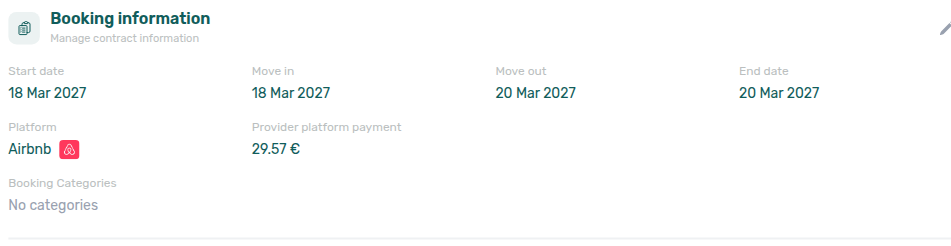Booking detail — Airbnb Contract Info with stay dates, Airbnb platform badge, and Provider platform payment
