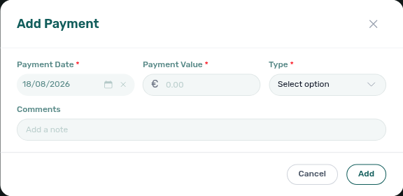 Booking detail — Add Payment modal opened with + Transaction on a Booking.com stay (demo does not save)
