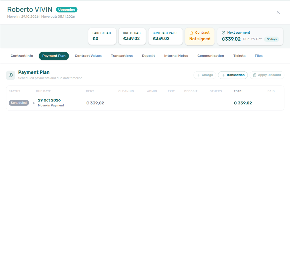 Booking detail — Payment Plan on a Booking.com stay: one Move-in Payment rent line due at check-in, + Transaction enabled, + Charge and Apply Discount locked