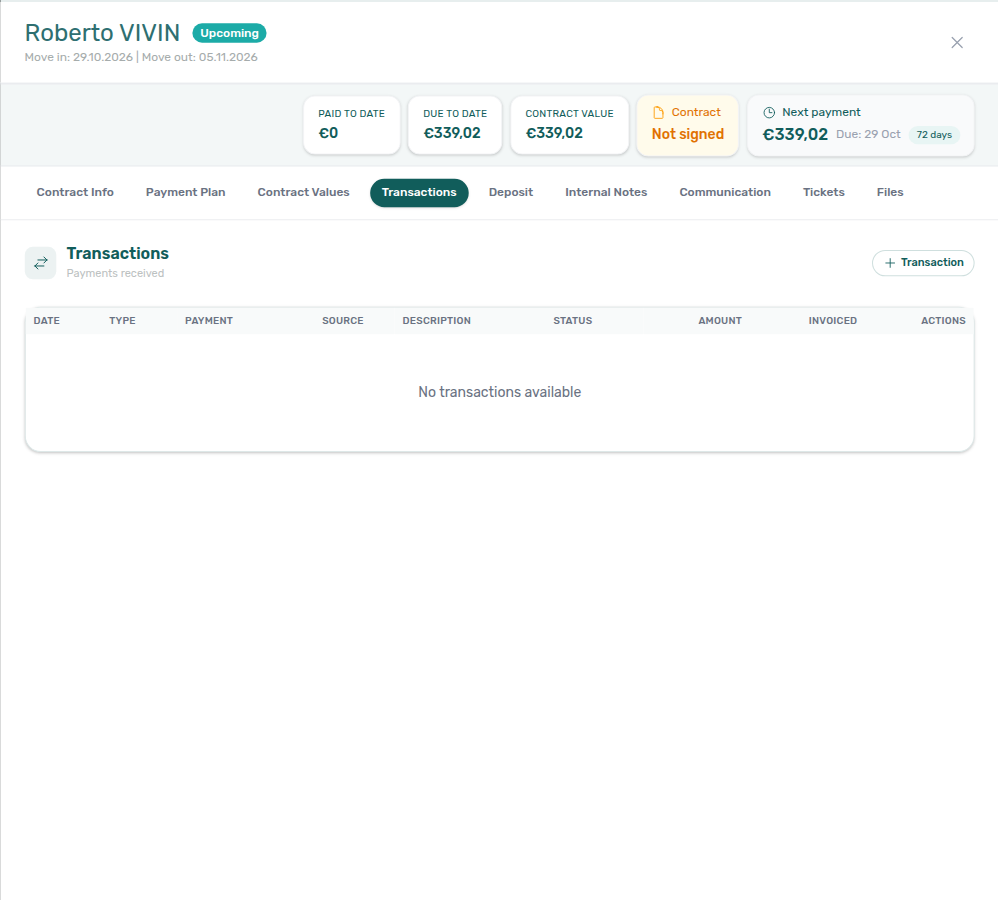 Booking detail — Transactions on a Booking.com stay with + Transaction enabled and no automatic payout row